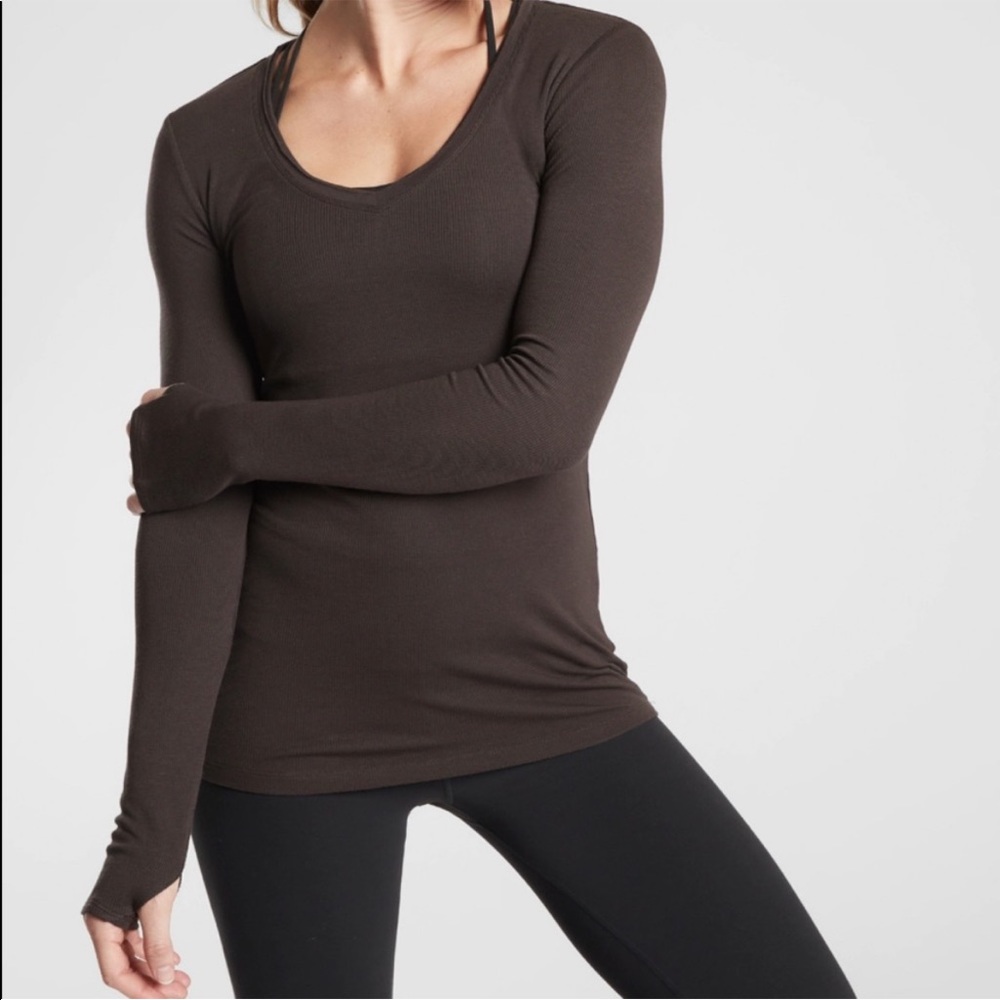 Athleta Cloudlight Ribbed Long Sleeve V Neck Tee // Dark Brown // Size Small